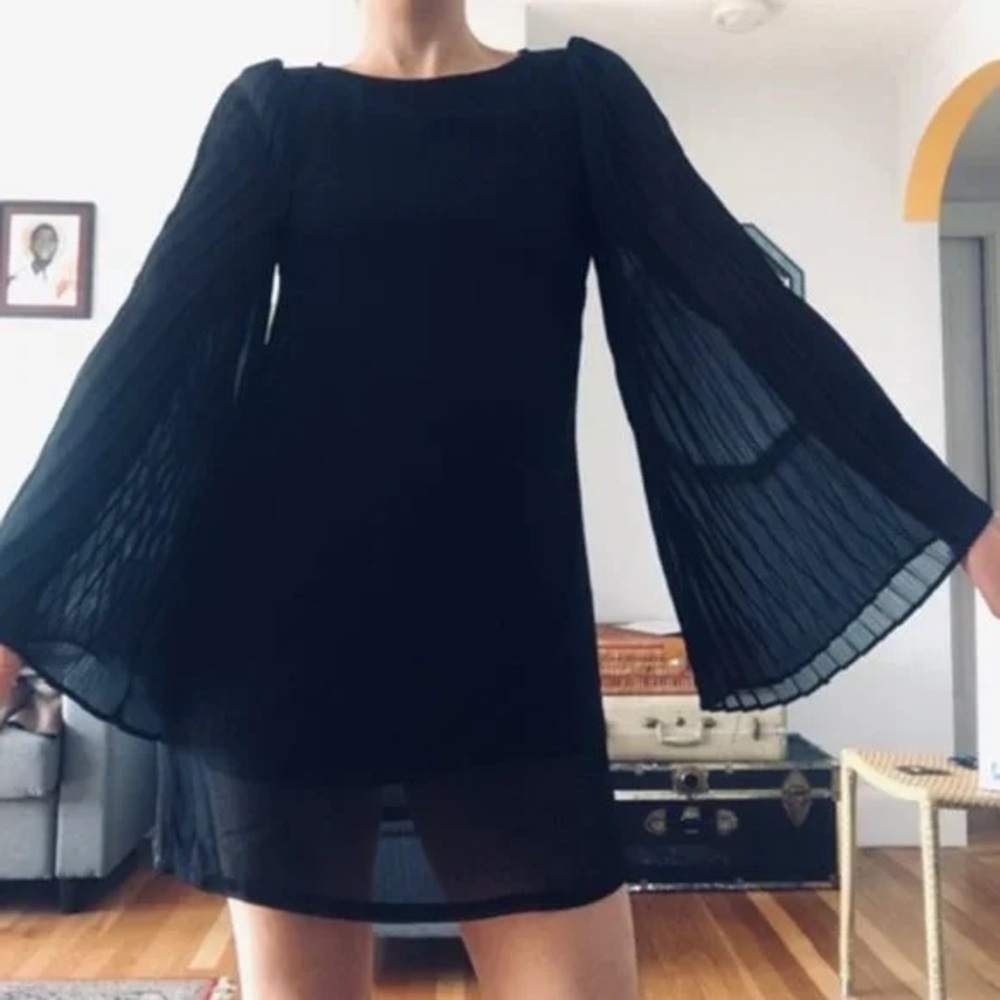 Fire Los Angeles Black chiffon Ribbed Sheath Dress with Bell Sleeves